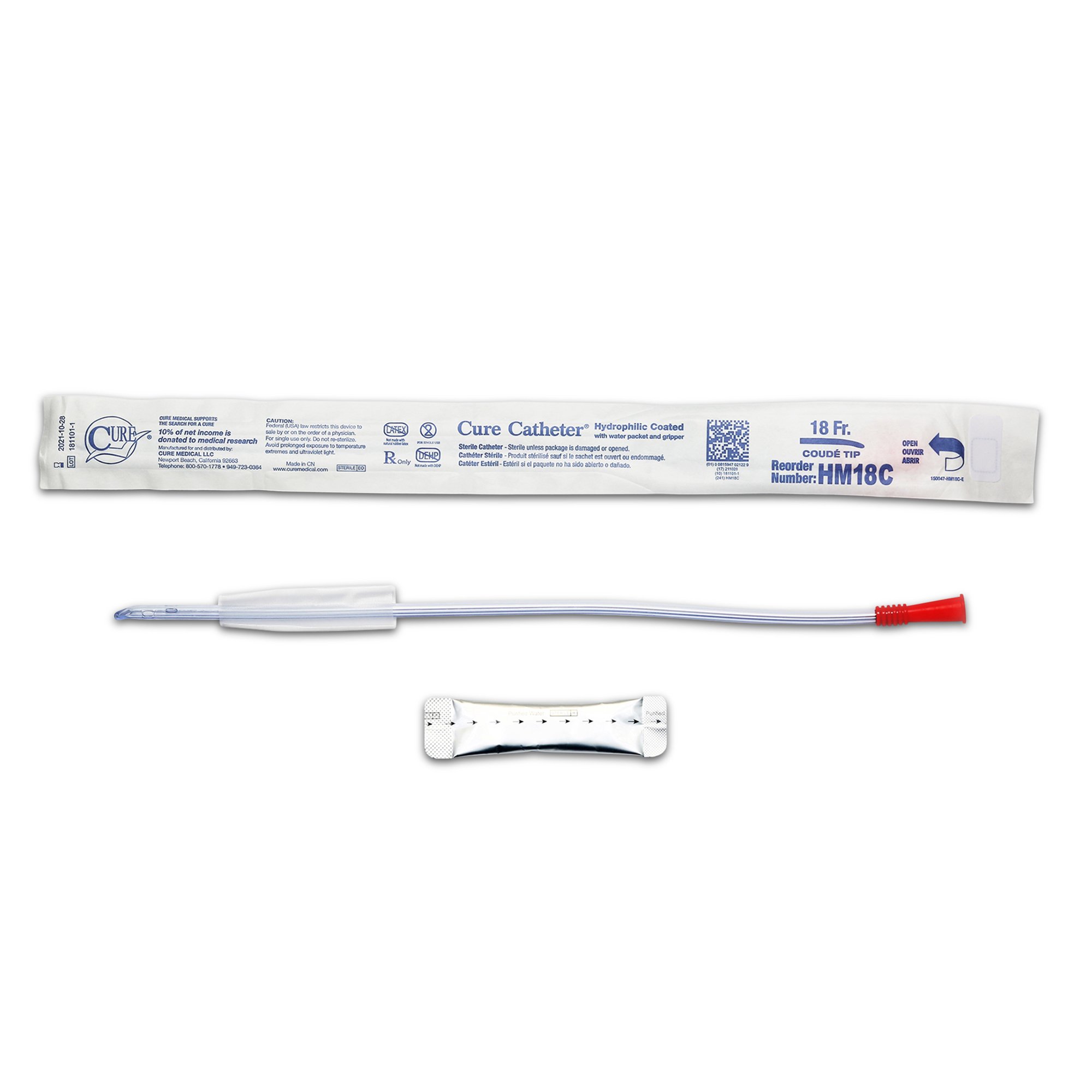 Urethral Catheter Cure Catheter™ Coude Tip Hydrophilic Coated Plastic 18 Fr. 16 Inch