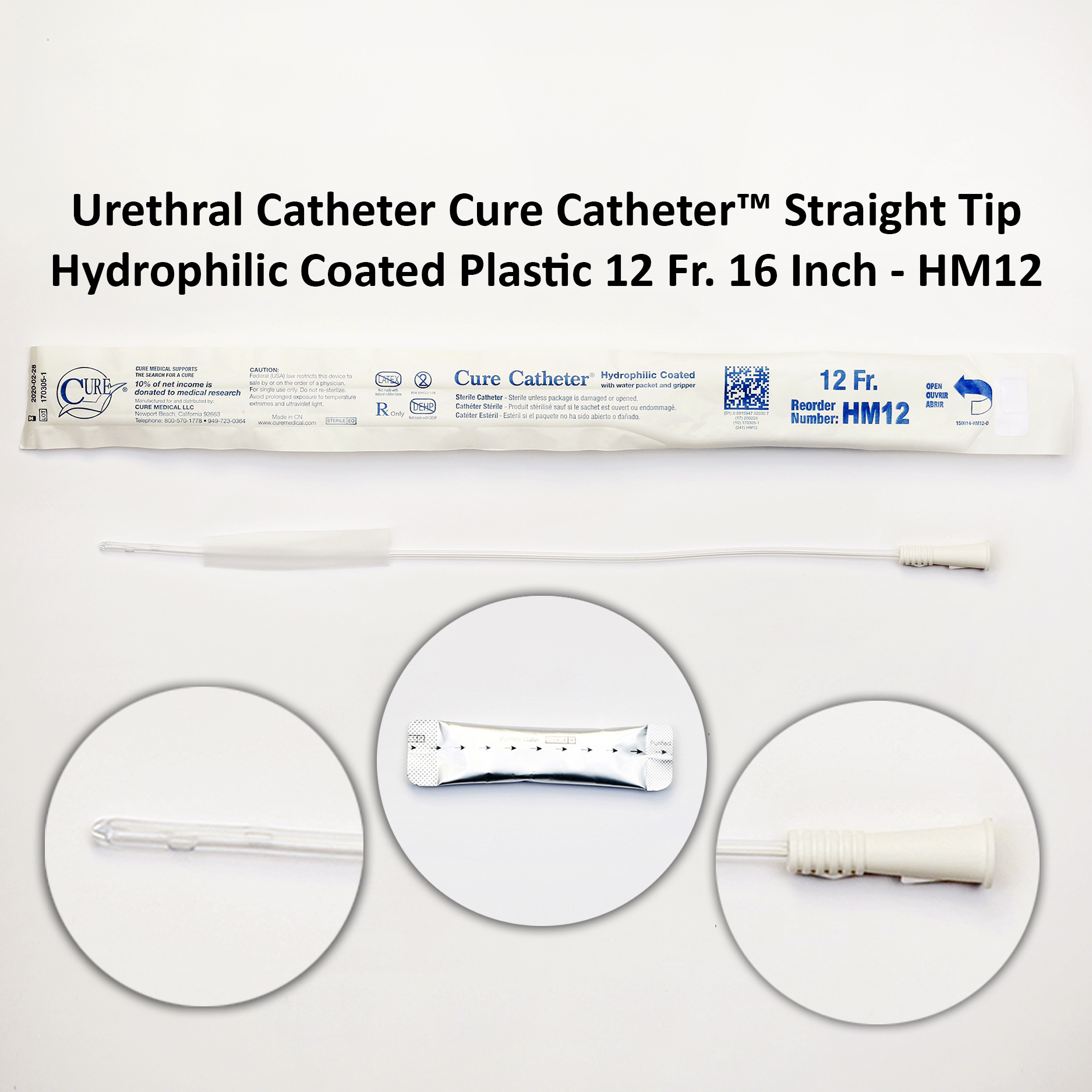 Urethral Catheter Cure Catheter™ Straight Tip Hydrophilic Coated Plastic 12 Fr. 16 Inch - HM12 Michigan | USA