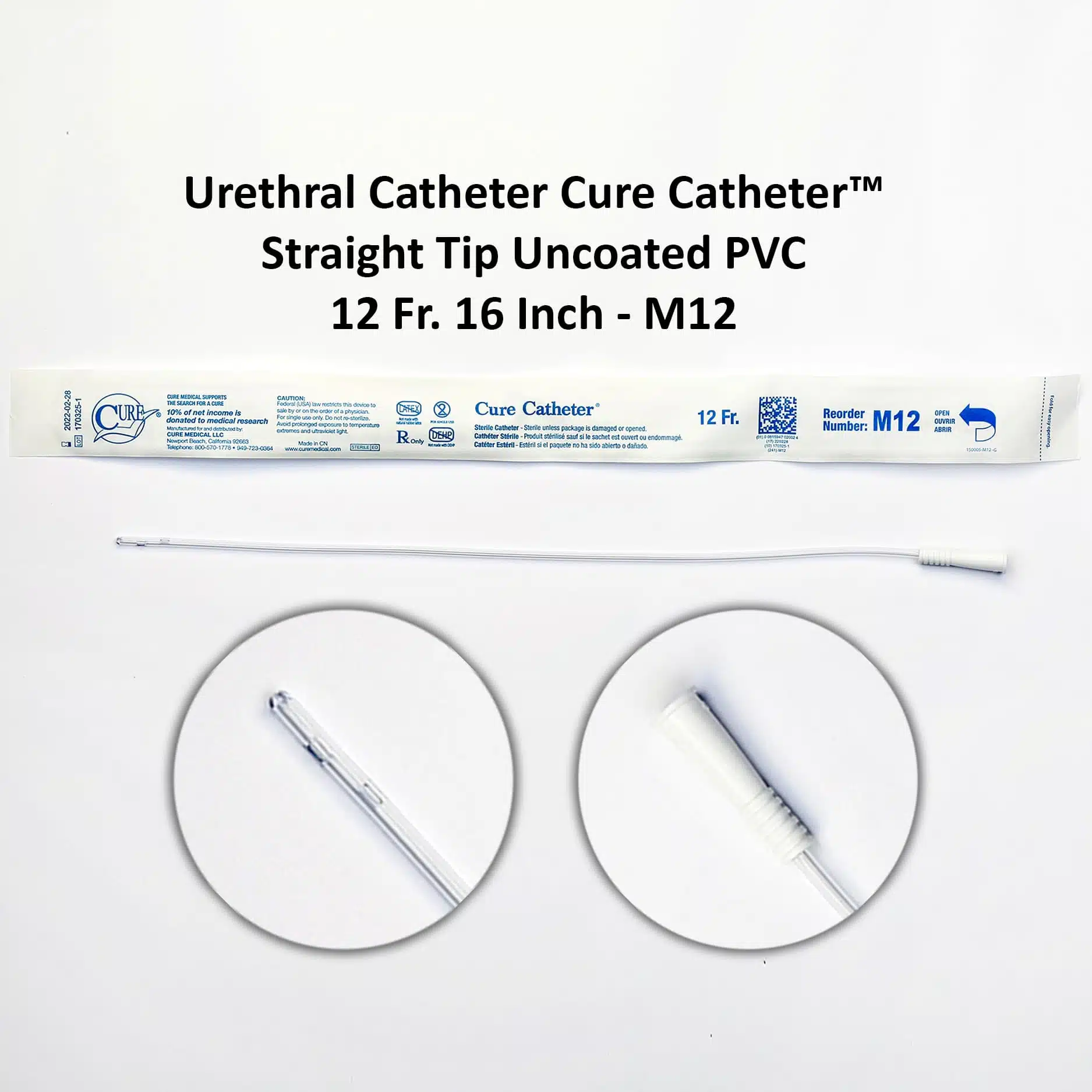 Urethral Catheter Cure Catheter™ Straight Tip Uncoated PVC 12 Fr. 16 Inch - M12