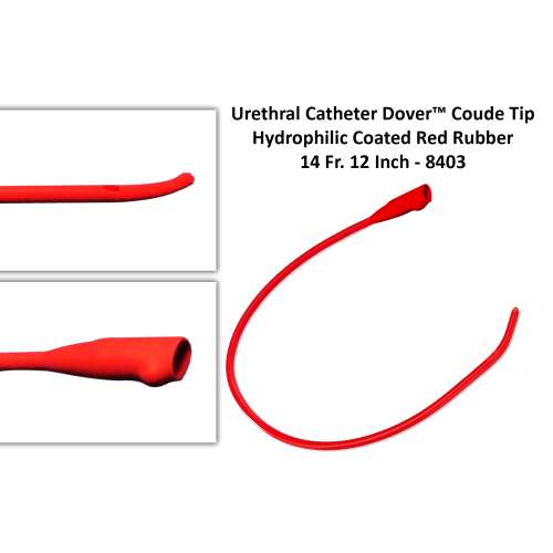 Urethral Catheter Dover™ Coude Tip Hydrophilic Coated Red Rubber 14 Fr. 12 Inch - 8403