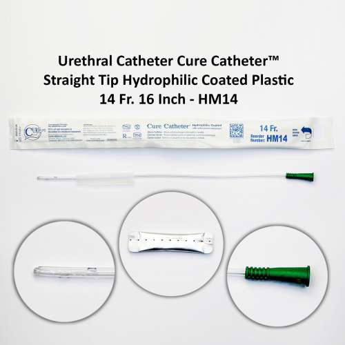Urethral Catheter Cure Catheter™ Straight Tip Hydrophilic Coated Plastic 14 Fr. 16 Inch - HM14