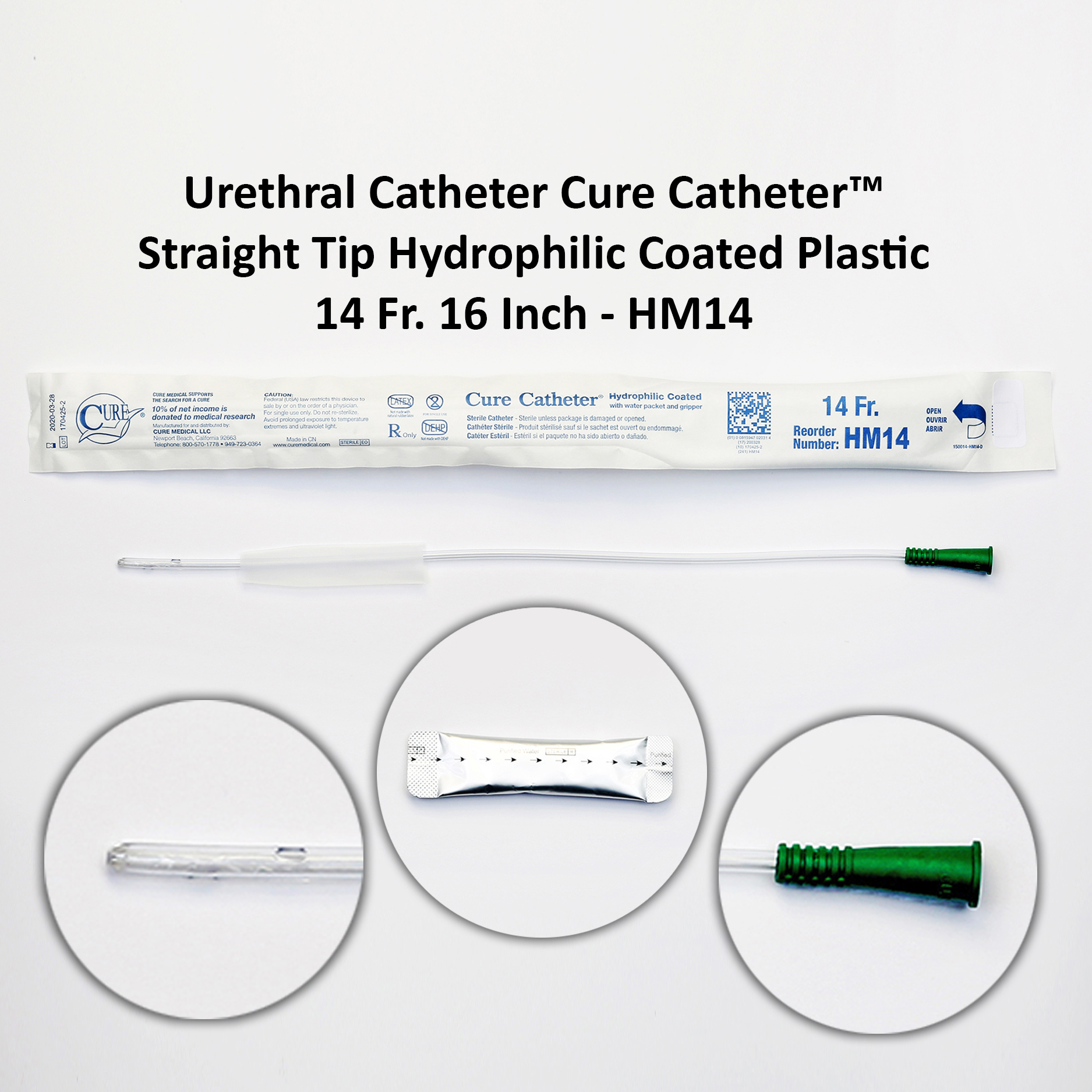 Urethral Catheter Cure Catheter™ Straight Tip Hydrophilic Coated Plastic 14 Fr. 16 Inch - HM14