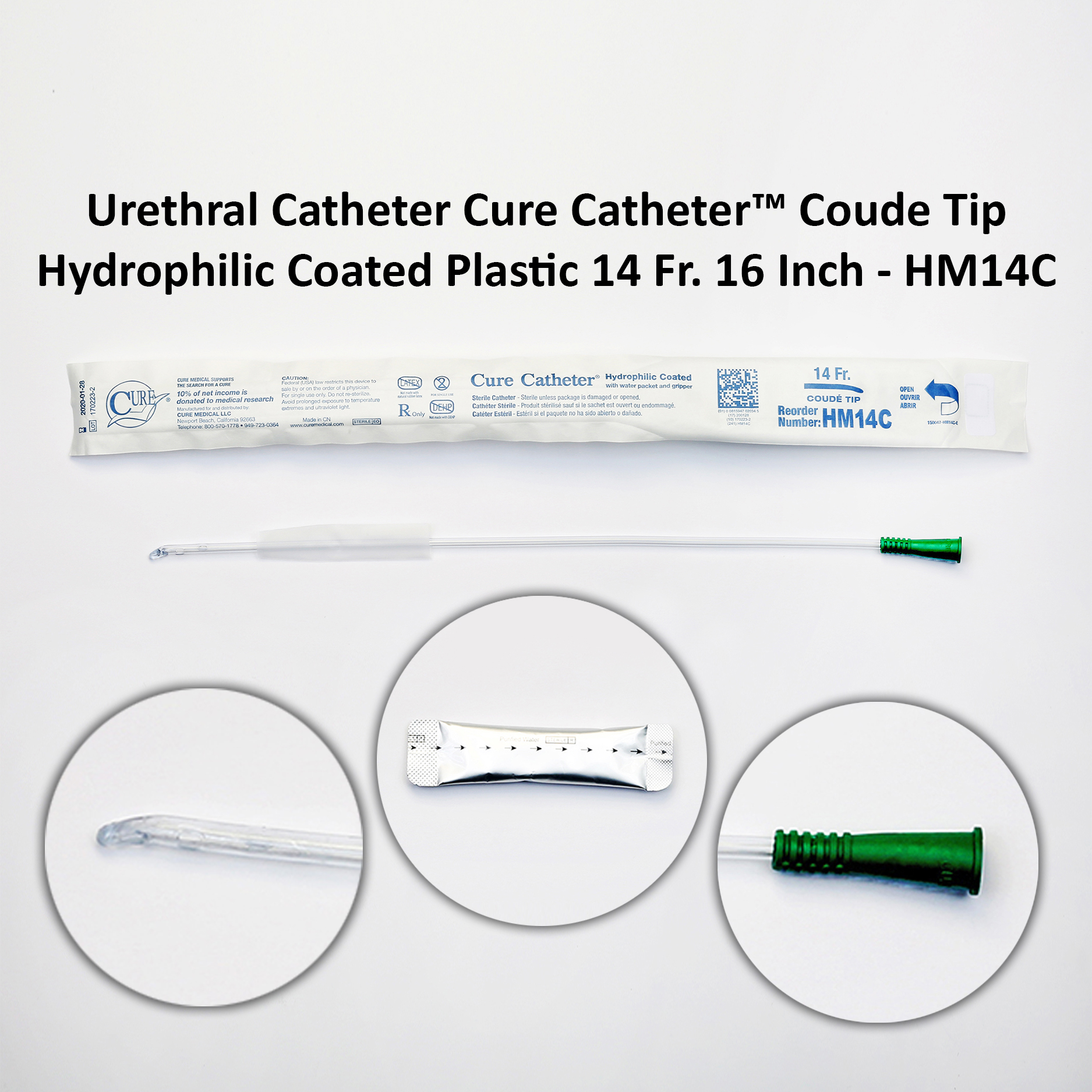 Urethral Catheter Cure Catheter™ Coude Tip Hydrophilic Coated Plastic 14 Fr. 16 Inch - HM14C Michigan | USA