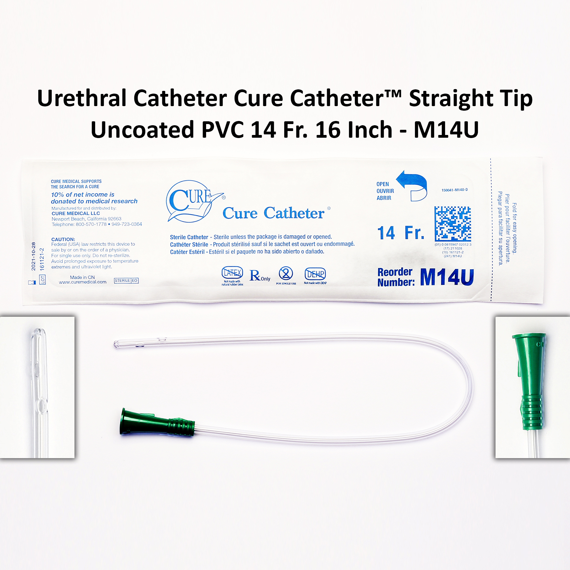 Urethral Catheter Cure Catheter™ Straight Tip Uncoated PVC 14 Fr. 16 Inch - M14U