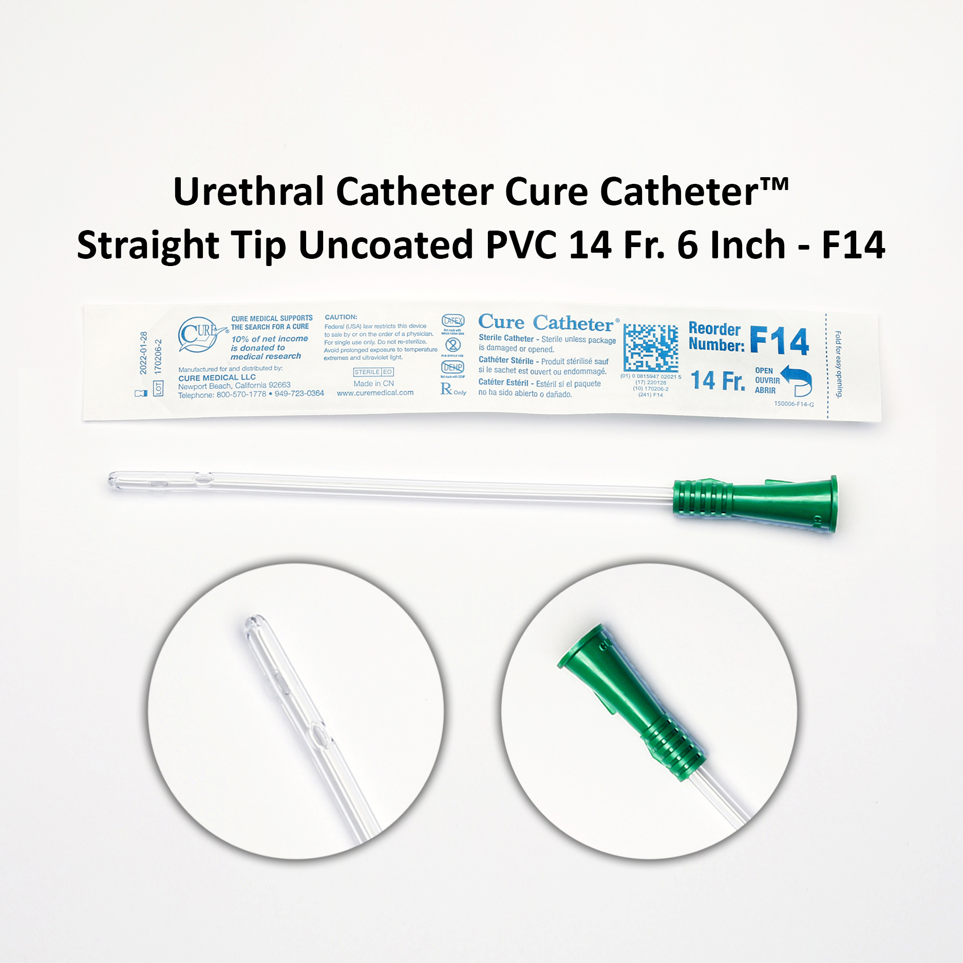 Urethral Catheter Cure Catheter™ Straight Tip Uncoated PVC 14 Fr. 6 Inch - F14