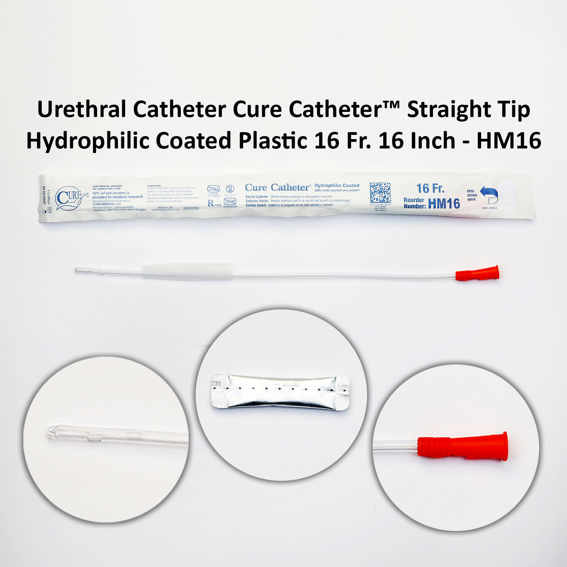 Urethral Catheter Cure Catheter™ Straight Tip Hydrophilic Coated Plastic 16 Fr. 16 Inch - HM16 Michigan | USA