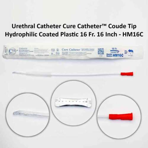 Urethral Catheter Cure Catheter™ Coude Tip Hydrophilic Coated Plastic 16 Fr. 16 Inch - HM16C