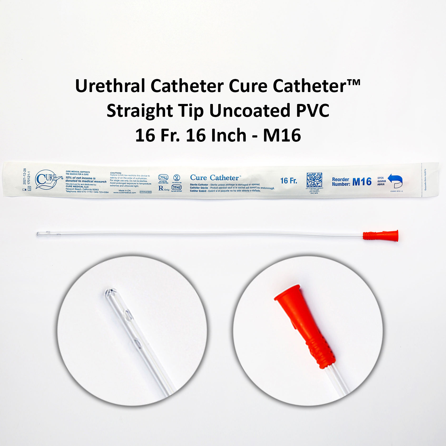 Urethral Catheter Cure Catheter™ Straight Tip Uncoated PVC 16 Fr. 16 Inch - M16
