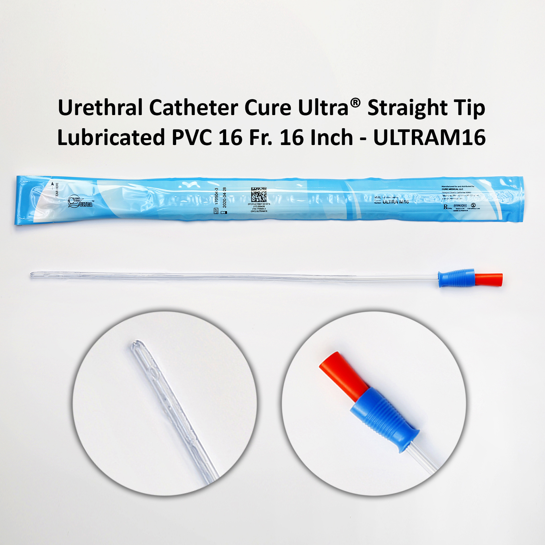Urethral Catheter Cure Ultra® Straight Tip Lubricated PVC 16 Fr. 16 Inch - ULTRAM16