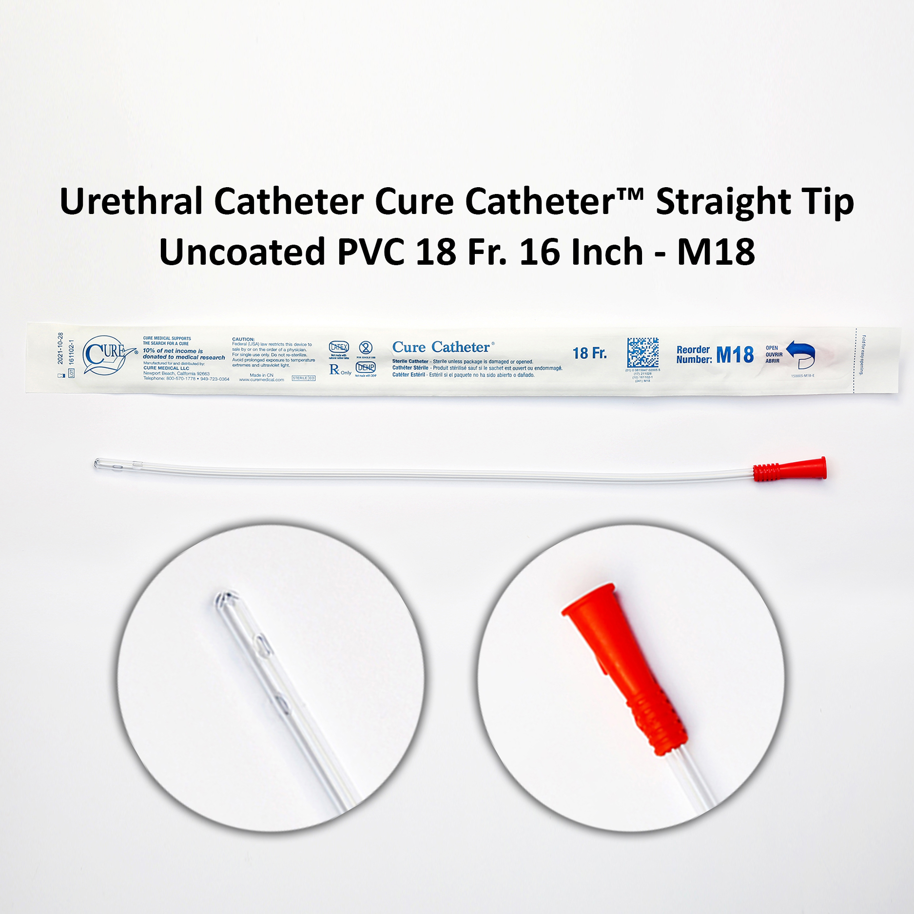 Urethral Catheter Cure Catheter™ Straight Tip Uncoated PVC 18 Fr. 16 Inch - M18