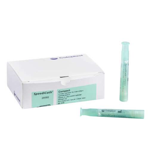 SpeediCath® Compact 12 Fr urethral catheter with Nelaton tip, hydrophilic coated polyurethane, 2.75-inch length for discreet and comfortable use.