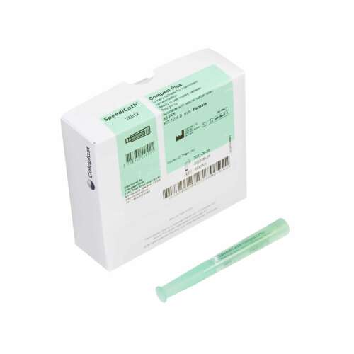 SpeediCath® Compact Plus 12 Fr urethral catheter with straight tip, hydrophilic coated polyurethane, 2.75-inch design for smooth, discreet catheterization.