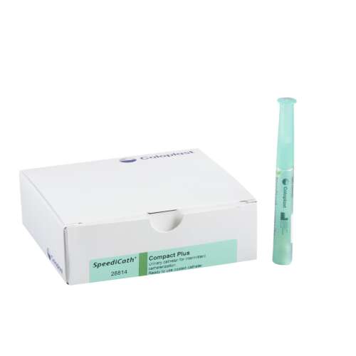 SpeediCath® Compact Plus 14 Fr urethral catheter with straight tip, hydrophilic coated polyurethane, 3.5-inch length for smooth, discreet, and reliable catheterization.