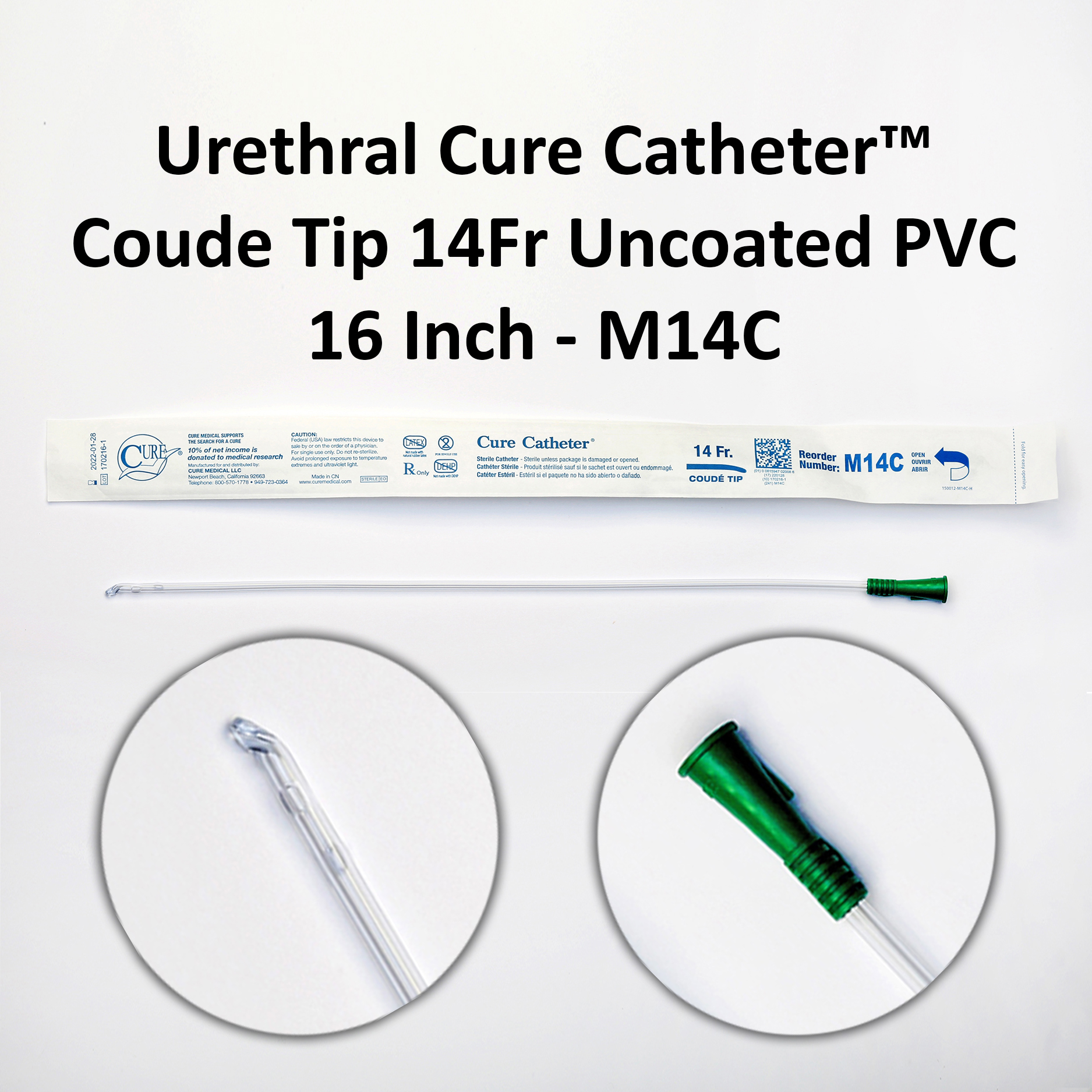 Urethral Cure Catheter™ Coude Tip 14Fr Uncoated PVC 16 Inch - M14C
