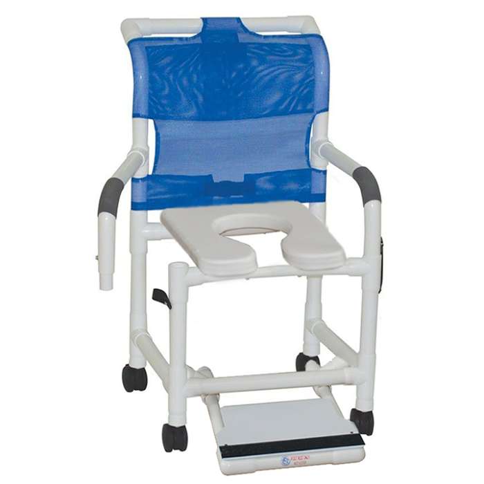MJM Shower chair 18"- with double drop arms - slide out footrest & open front soft seat - 118-3TW-DDA-SF-SSDE