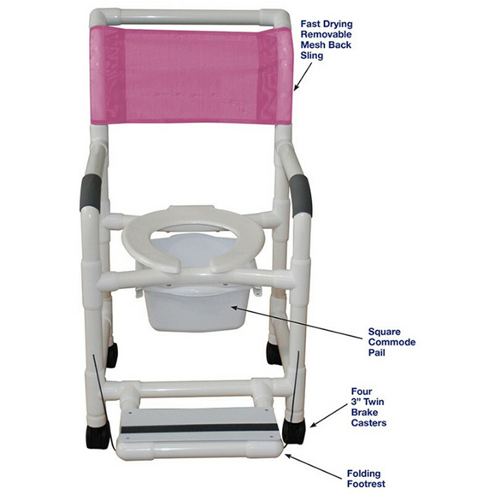 MJM Shower chair 18" with folding footrest - privacy skirt & commode pail - 118-3TW-FF-PS-18-10-QT-C
