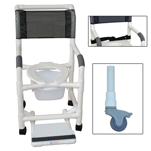 MJM Shower chair 18" buckle safety belt- commode pail- slide out footrest - 118-3TL-BB-18-SQ-PAIL-SF