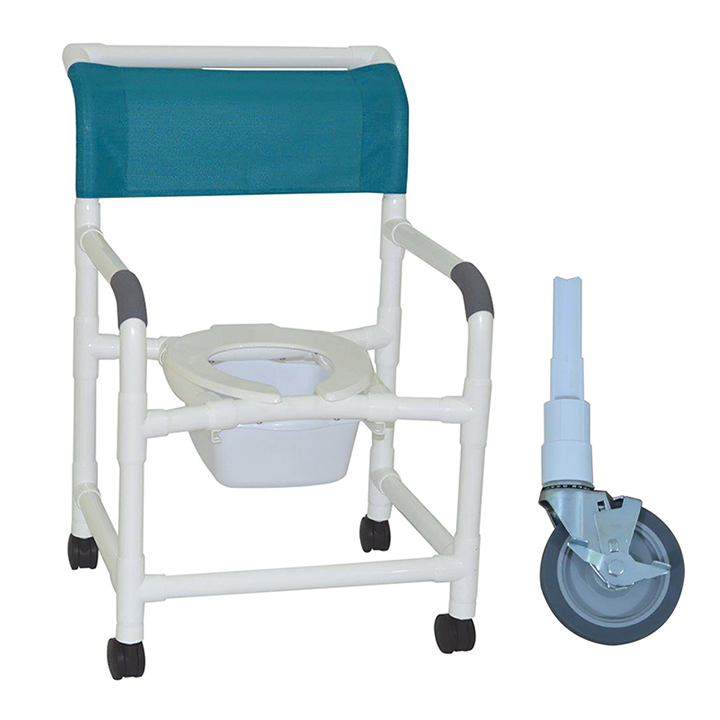 MJM Wide shower chair 22"- flip up seat- commode pail and double drop arms- 5" heavy duty casters - 122-5HD-SQ-PAIL-DDA-FLS
