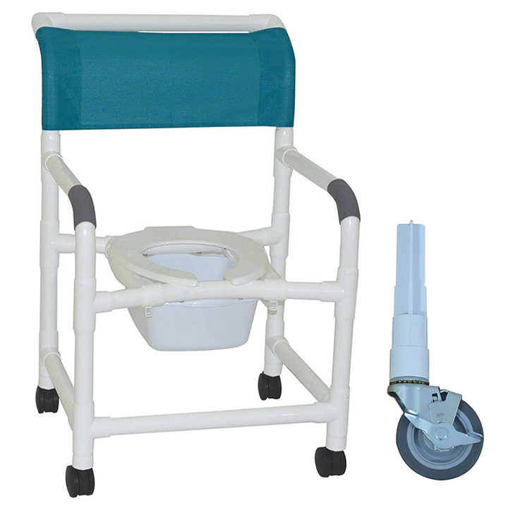 MJM Wide shower chair 22"- open front seat- double drop arms & Square Pail - 4" heavy duty casters - 122-4HD-DDA-SQ-PAIL
