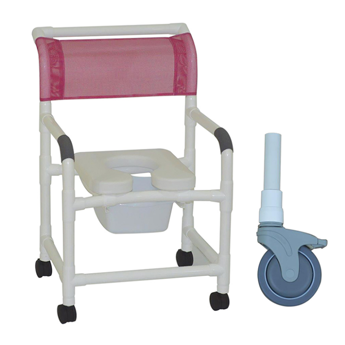 MJM Wide shower chair 22"- 5"TOTAL LOCK casters - double drop arms and commode pail - 122-5TL-SQ-PAIL-DDA-SSDE