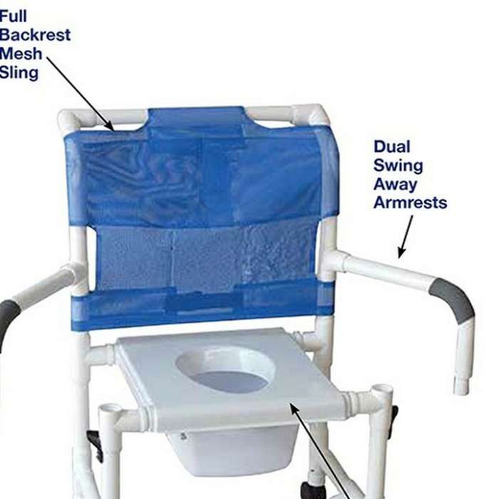 MJM Wide shower chair 22" internal width- 3" TOTAL LOCK casters- adj. height- slide out footrest- dual drop arms- deluxe open front soft seat & Square Pail