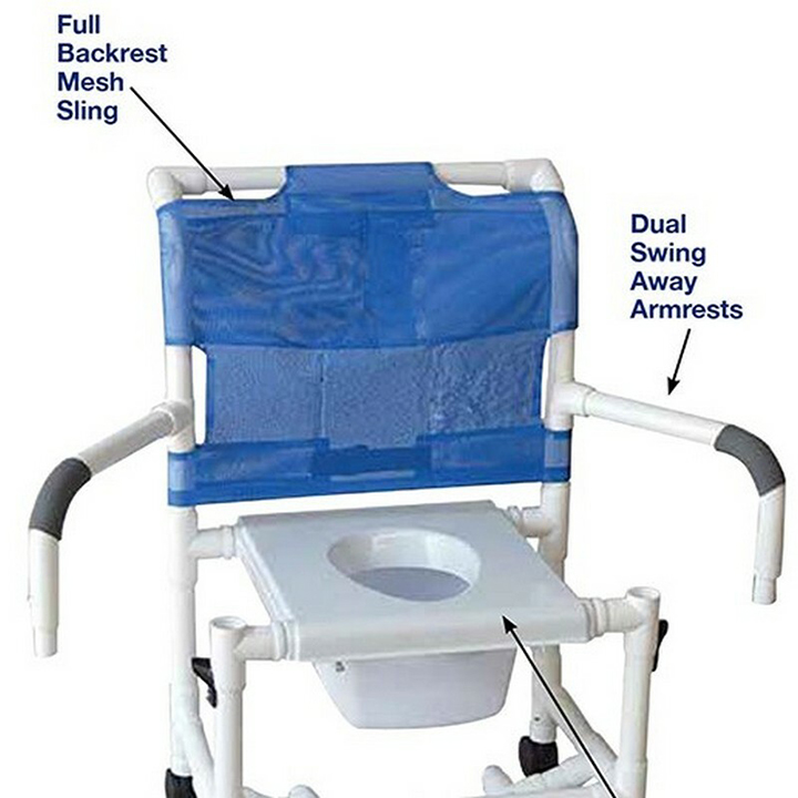 MJM Wide shower chair 22"- open front seat- double drop arms & Square Pail - 4" heavy duty casters - 122-4HD-DDA-SQ-PAIL