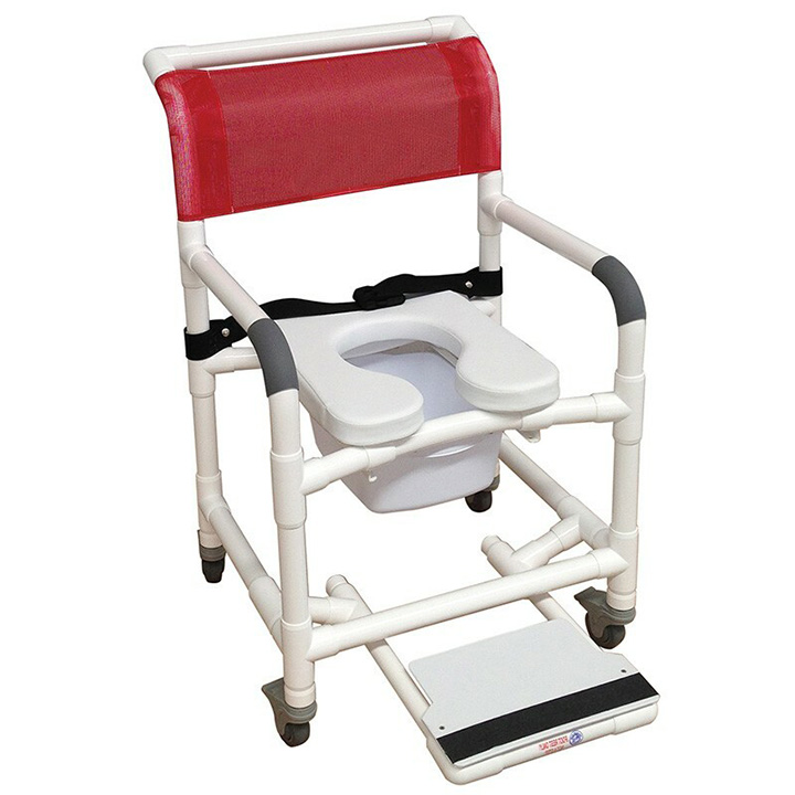 MJM Wide shower chair 22" internal width- 3" TOTAL LOCK casters- clamp on seat- buckle safety belt- slide out footrest & Square Pail 122-3TL-VS-BB-22-10-QT-C-SF