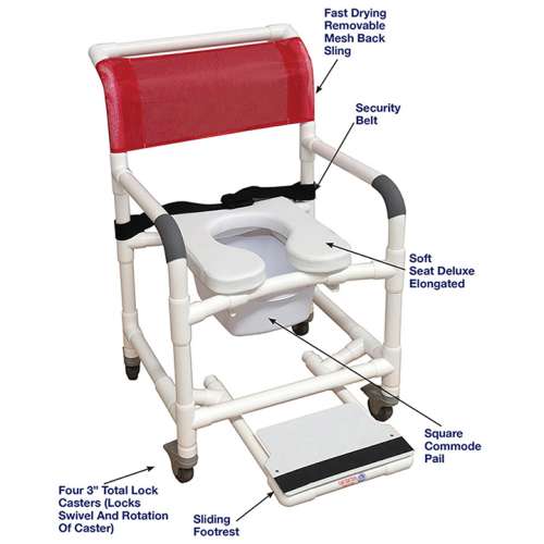 MJM International Wide Shower Chair with Total Lock Casters, Soft Seat, Safety Belt, Commode Pail and Slide Out Footrest in Michigan USA