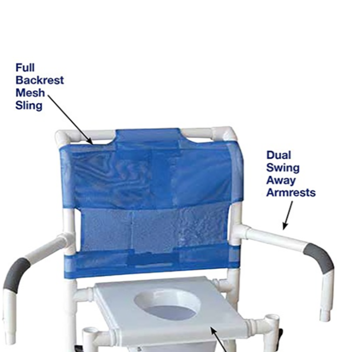 MJM Wide shower chair 22"- 5"TOTAL LOCK casters - double drop arms and commode pail - 122-5TL-SQ-PAIL-DDA-SSDE