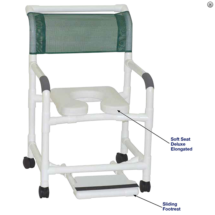 MJM Wide shower chair 22" internal width- 3" TOTAL LOCK casters- adj. height- slide out footrest- dual drop arms- deluxe open front soft seat & Square Pail