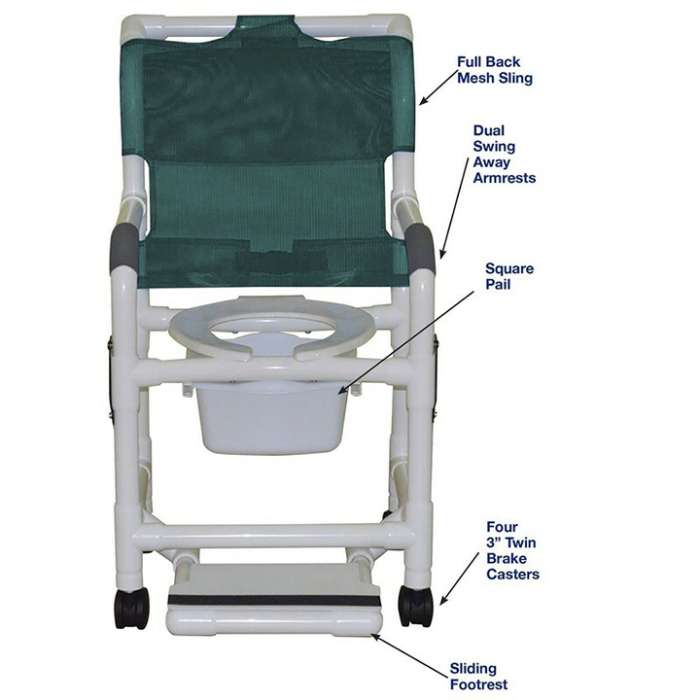 MJM Shower chair 18" commode pail- open front soft seat and double drop arms- 118-3TW-SF-10-QT-C-SSDE-DDA