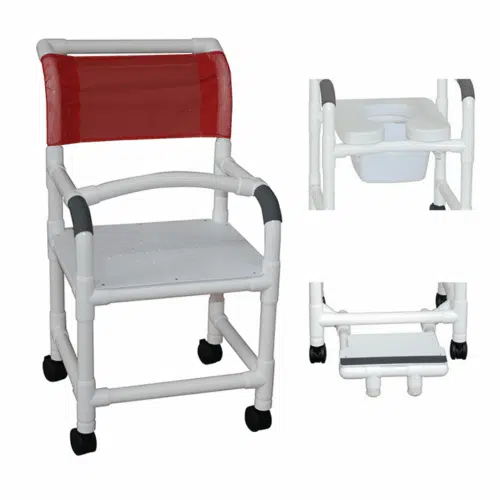 MJM Shower chair 18" lap security bar - open front soft seat - 10 quart pail - privacy skirt 3/4"- sliding footrest