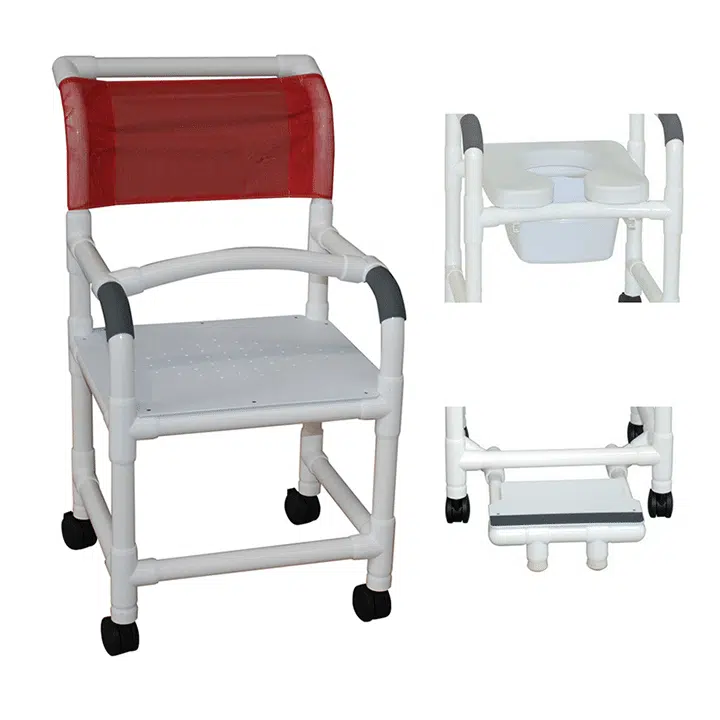 MJM Shower chair 18" lap security bar - open front soft seat - 10 quart pail - privacy skirt 3/4"- sliding footrest