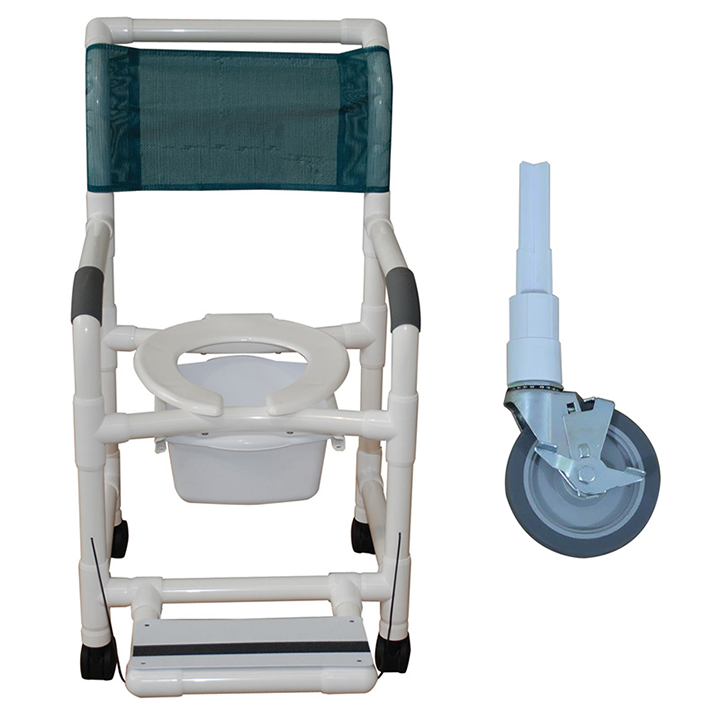 MJM Shower chair 18" - 5" casters- folding footrest and commode pail- 118-5HD-FF-10-QT-C in Michigan USA