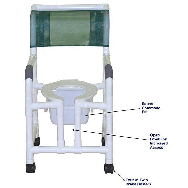 MJM Shower chair 18" vertical open front - double drop arms and commode pail - 118-3TW-OF-DDA-SQ-PAIL