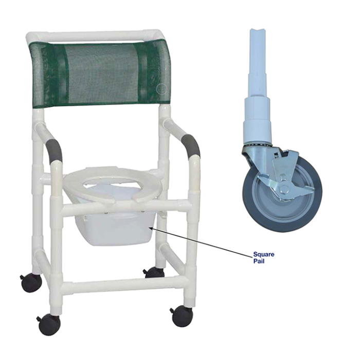 MJM Shower chair 18" - 5" heavy duty casters- commode pail - 118-5HD-10-QT-C in Michigan USA