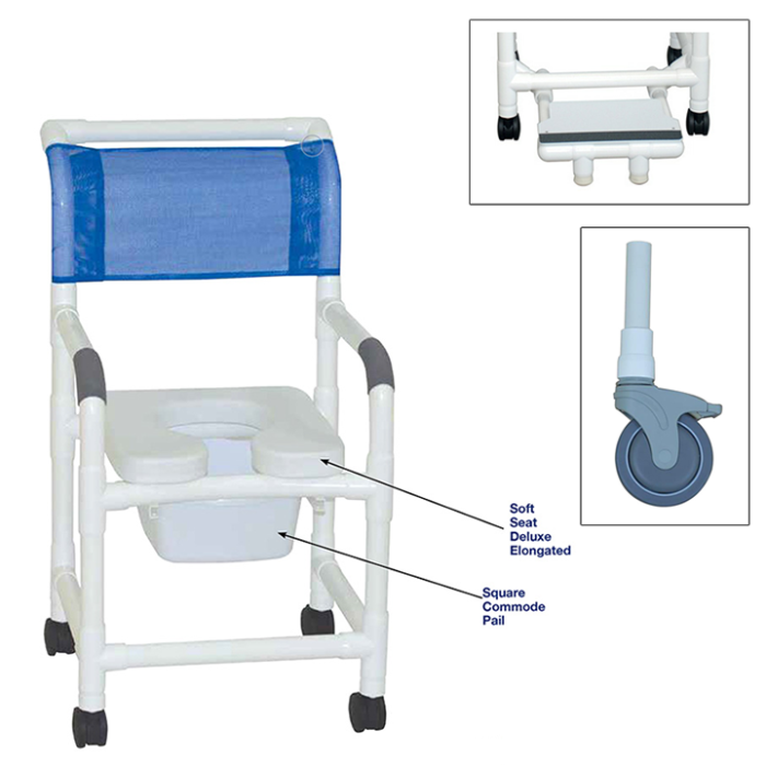 MJM Shower chair 18" footrest with front supports- soft seat and commode pail- 118-5TL-SFS-SSDE-SQ-PAIL in Michigan USA