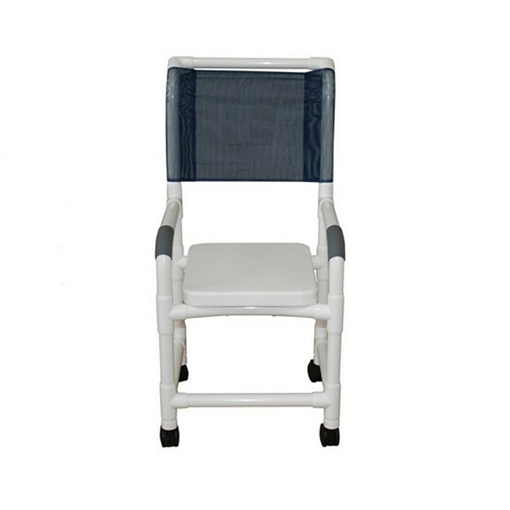 MJM International - Shower chair 18" internal width- open front seat- 3" twin casters- high back and soft seat complete--NO commode opening- 300 lbs weight capacity - # 118-3TW-H-SSC