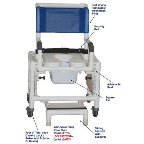 MJM Adj. height seat & footrest- 18" shower/commode chair- commode pail- 3" casters - safety belt in Michigan USA