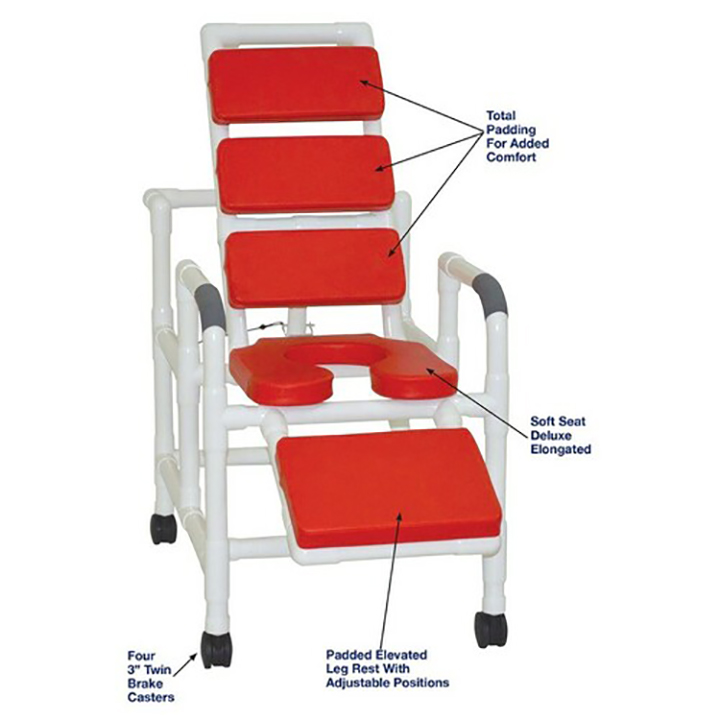 MJM International Reclining TOTAL padding shower chair with open front soft seat and elevated leg extension, 325 lbs weight capacity Available in Michigan USA Healthcare DME Offering free shipping all 50 states of the united states.