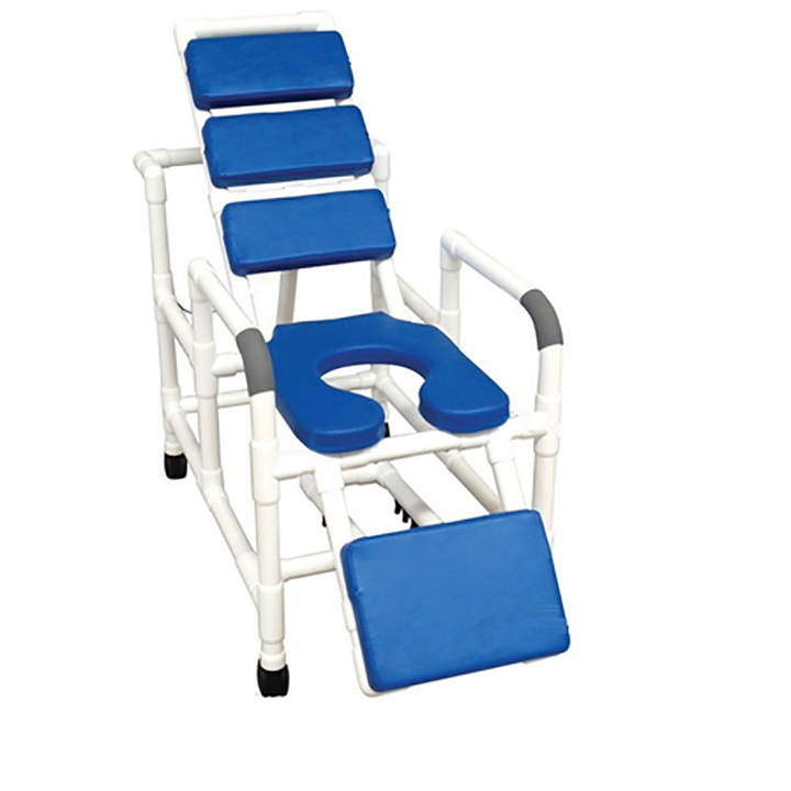 MJM International Reclining TOTAL padding shower chair with open front soft seat and elevated leg extension, 325 lbs weight capacity Available in Michigan USA Healthcare DME Offering free shipping all 50 states of the united states.