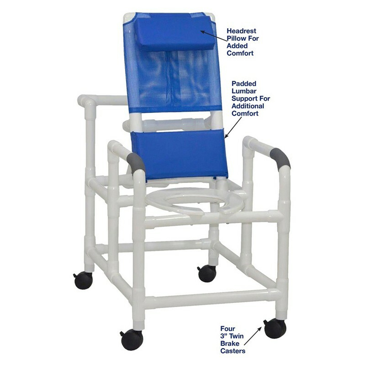 MJM International Reclining shower chair (24" internal width), deluxe elongated open-front commode seat and folding footrest, 325 lbs weight capacity Available in Michigan USA Healthcare DME Offering free shipping all 50 states of united states.