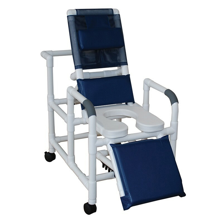MJM International Reclining Shower chair 24" internal width, open front soft seat and elevated leg extension, 325 lbs weight capacity Available in Michigan USA Healthcare DME Offering free shipping all 50 states of united states.