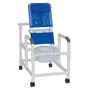 MJM International Reclining shower chair with a deluxe elongated open-front commode seat, 10 qt slide-out commode pail, no footrest, no leg extension, 325 lbs weight capacity Available in Michigan USA Healthcare DME Offering free shipping all 50 states of united states.
