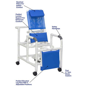 MJM International - Reclining shower chair with deluxe elongated open front commode seat and elevated leg extension- 10 qt slide out commode pail- 325 lbs weight capacity - # 193-10-QT-C available in Michigan USA