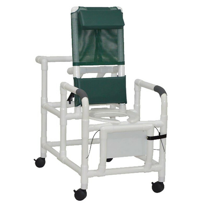 MJM International Reclining shower chair with deluxe elongated open-front commode seat and folding footrest, 10 qt slide-out commode pail, 325 lbs weight capacity Available in Michigan USA Healthcare DME Offering free shipping all 50 states of united states.