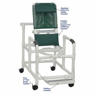 MJM International Reclining shower chair with deluxe elongated open-front commode seat and folding footrest, 10 qt slide-out commode pail, 325 lbs weight capacity Available in Michigan USA Healthcare DME Offering free shipping all 50 states of united states.