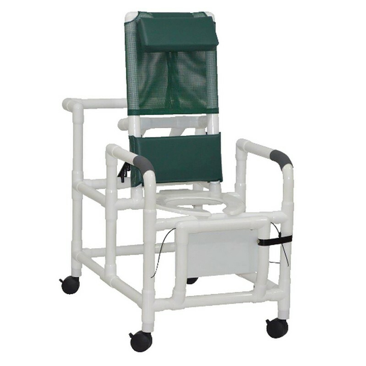 MJM International Reclining shower chair with deluxe elongated open-front commode seat and folding footrest, 325 lbs weight capacity Available in Michigan USA Healthcare DME Offering free shipping all 50 states of united states.