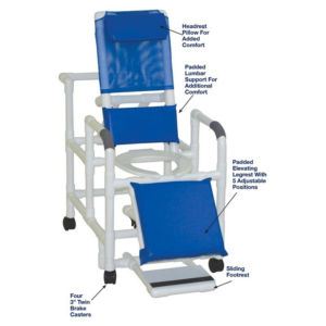 MJM International Reclining shower chair with a deluxe elongated open-front commode seat, footrest, padded elevated leg extension, 325 lbs weight capacity Available in Michigan USA Healthcare DME Offering free shipping all 50 states of united states.