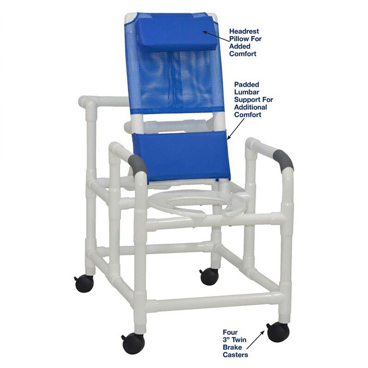MJM International Reclining shower chair with a deluxe elongated open-front commode seat, no footrest, no leg extension, 325 lbs weight capacity Available in Michigan USA Healthcare DME Offering free shipping all 50 states of united states.
